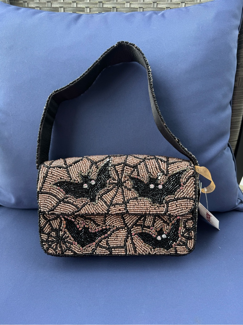 Beaded Bat Motif Shoulder Bag in Rose Gold and Black